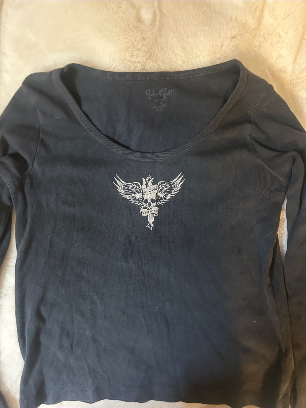 Brandy Melville Black Long Sleeve Scoop Neck Top with White Skull Wing Graphic